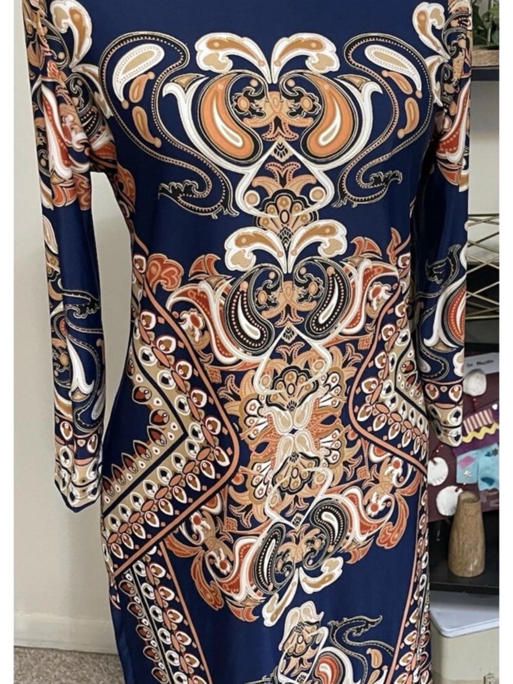 Haani Boho Navy Paisley-Scroll Long Sleeve Dress with Gold and Cream Accents
